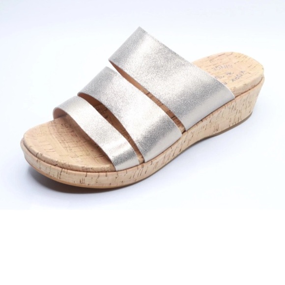 Kork-Ease Shoes - Kork-Ease Menzie Wedge Triple Strap Slide Sandal In Metallic Silver Leather (10)